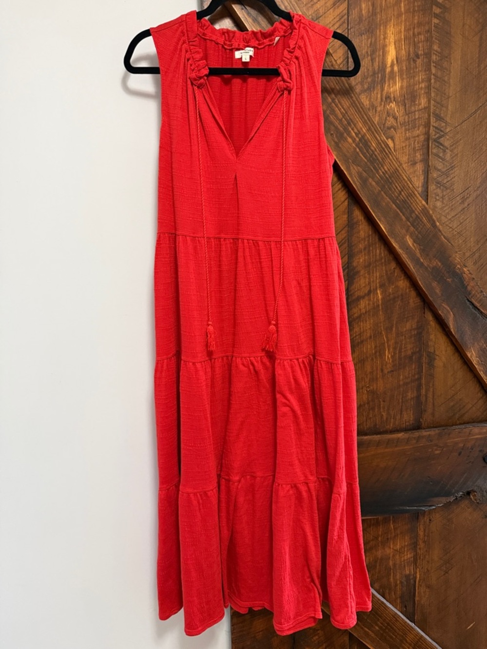 Max Studio Red Sleeveless Tiered Maxi with Tassel Neck